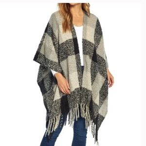 Plaid Textured Wrap Sweater Poncho Scarf